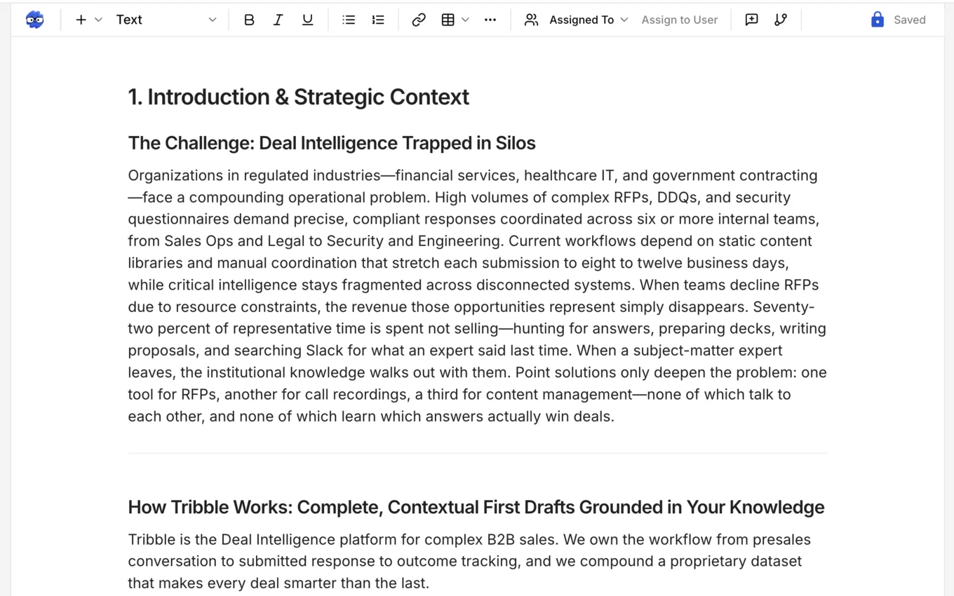 The Respond editor on an example RFP: a drafted response, ready for review